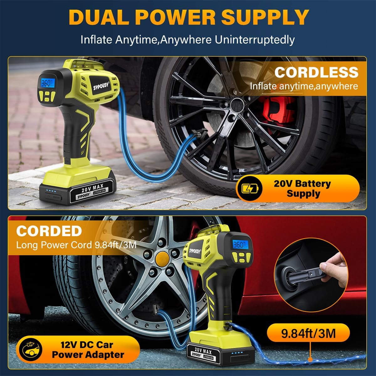 Tire Inflator Portable Air Compressor,Digital Cordless Tire Inflator,2X Faster Car Tire Pump with 20V Rechargeable Battery,Dual Power Supply Modes,Air Pump for Car Tires,E-Bike Etc. (Apple Green)
