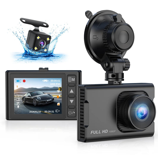 Dual 1080P Full HD Dash Cam with Night Vision, 3-Inch LCD, Parking Mode, G-Sensor, and Loop Recording